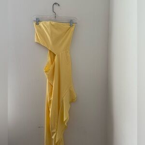 Oh Polly Asymmetrical Yellow Strapless Gown